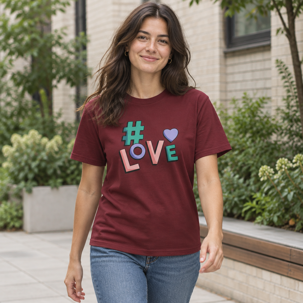 Model wearing the burgundy #LOVE T-shirt