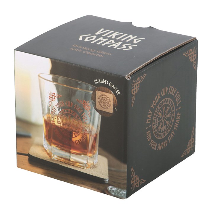 Viking Compass Lowball Drinking Glass with Coaster 
