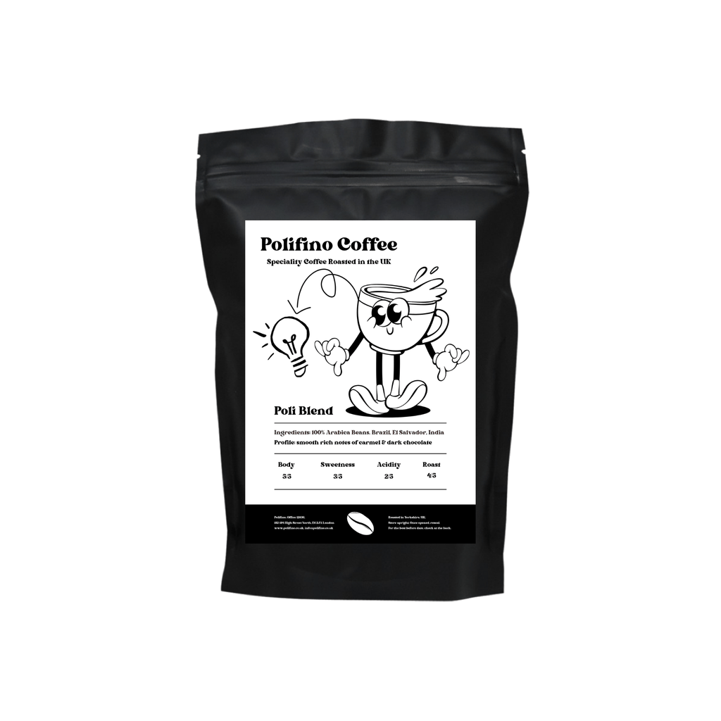 Black coffee bag with Polifino Speciality Coffee Poli Blend branding and cartoon character on a white background