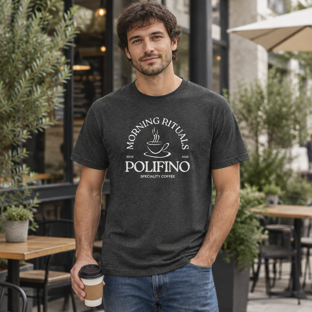 Model wearing the dark heather grey POLIFINO Speciality Coffee T-shirt