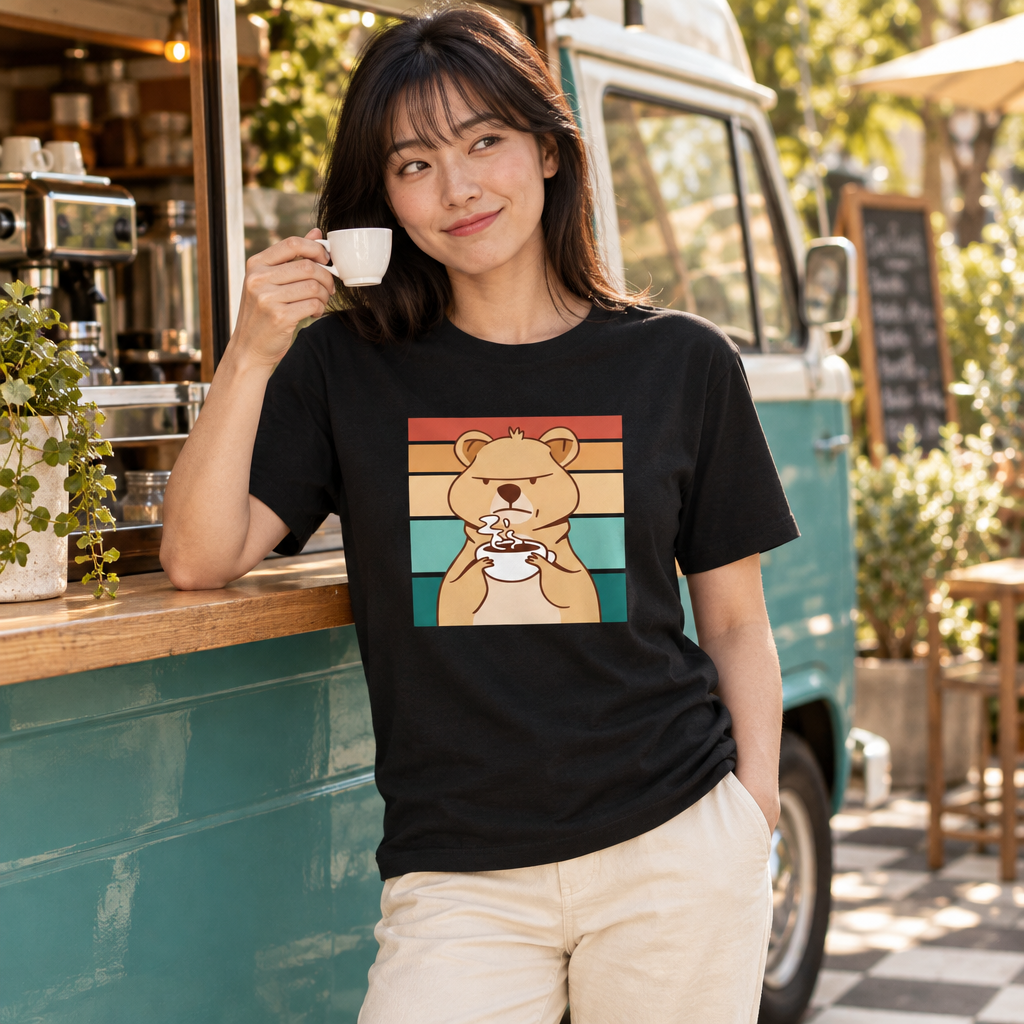 Asian female model wearing the Retro Coffee Bear T-shirt beside a vintage coffee van