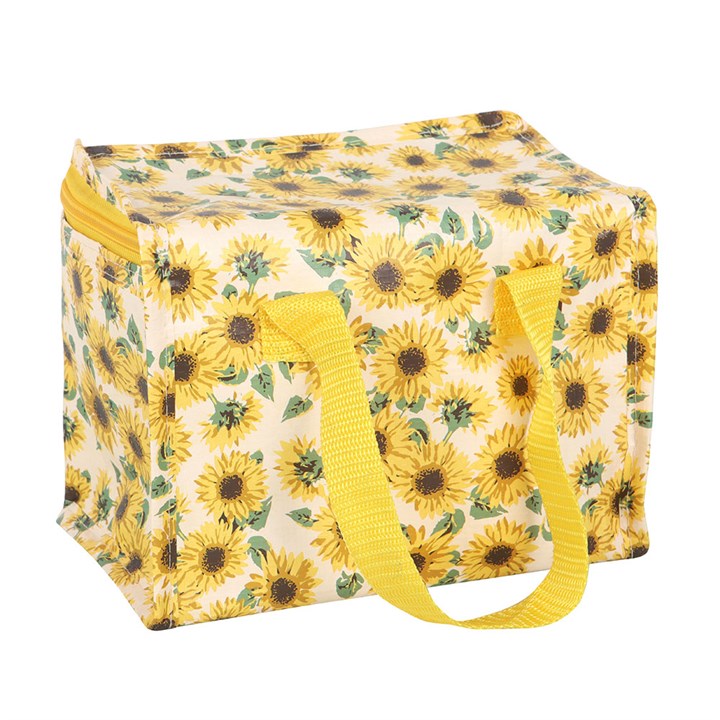 Lunch Bag with sunflower pattern and yellow handles on a white background