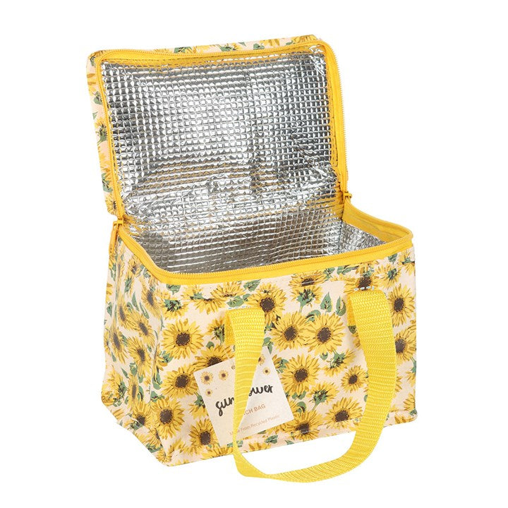 Insulated cooler bag with sunflower pattern and yellow trim on a white background
