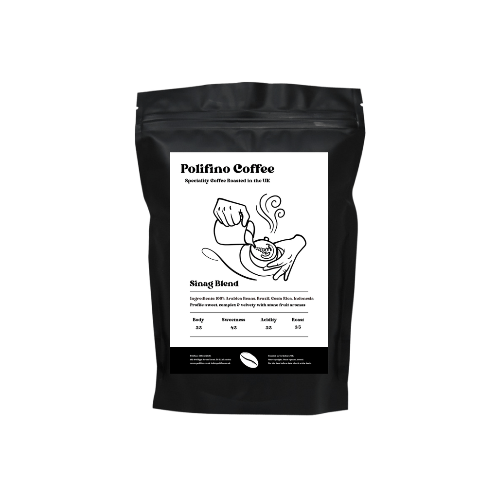 Black coffee bag with 'Polifino Speciality Coffee Sinag Blend' branding on a white background