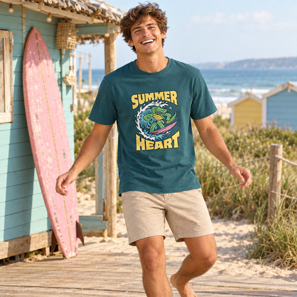 Male model wearing the Summer Heart Croc T-shirt at a beach surf shack