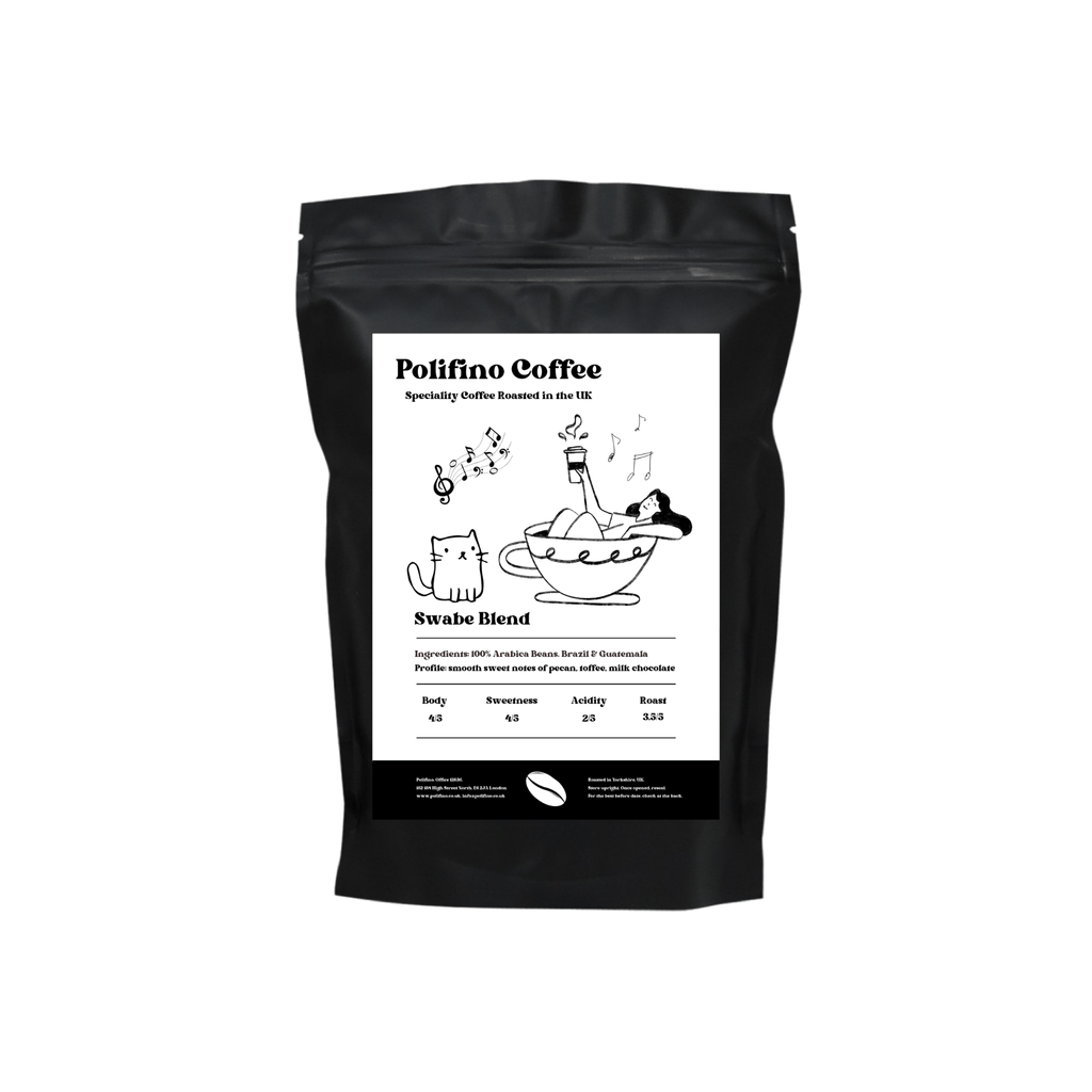 Black coffee bag with white label featuring Polifino Speciality Coffee Swabe Blend branding and illustrations on a white background