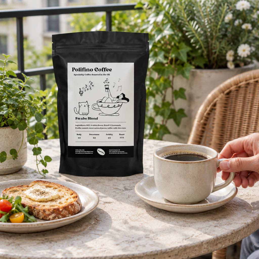 Swabe Blend lifestyle photo. Coffee Beans and ground coffee.