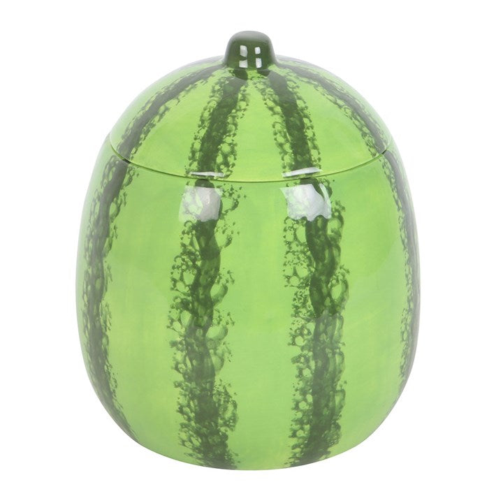 Decorative container shaped like a watermelon on a white background
