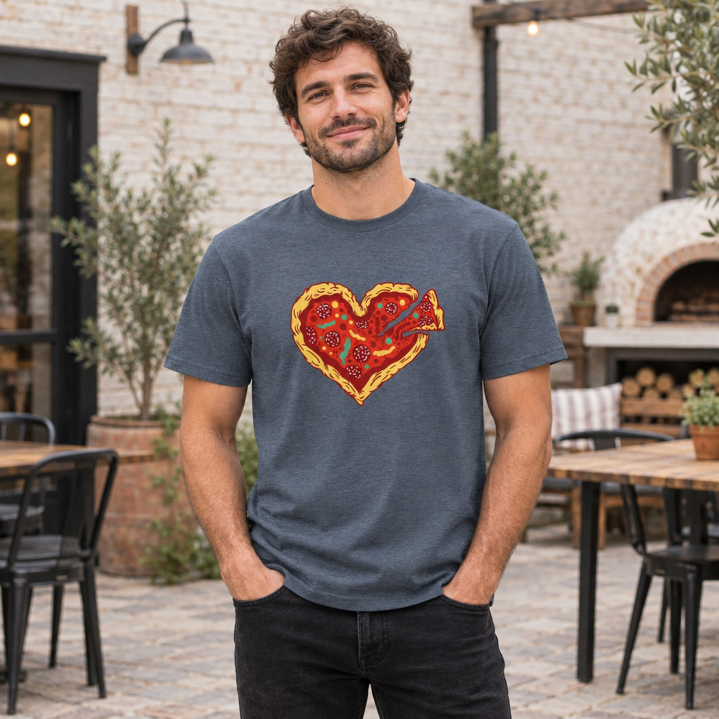 Model wearing the dark heather blue Pizza T-shirt