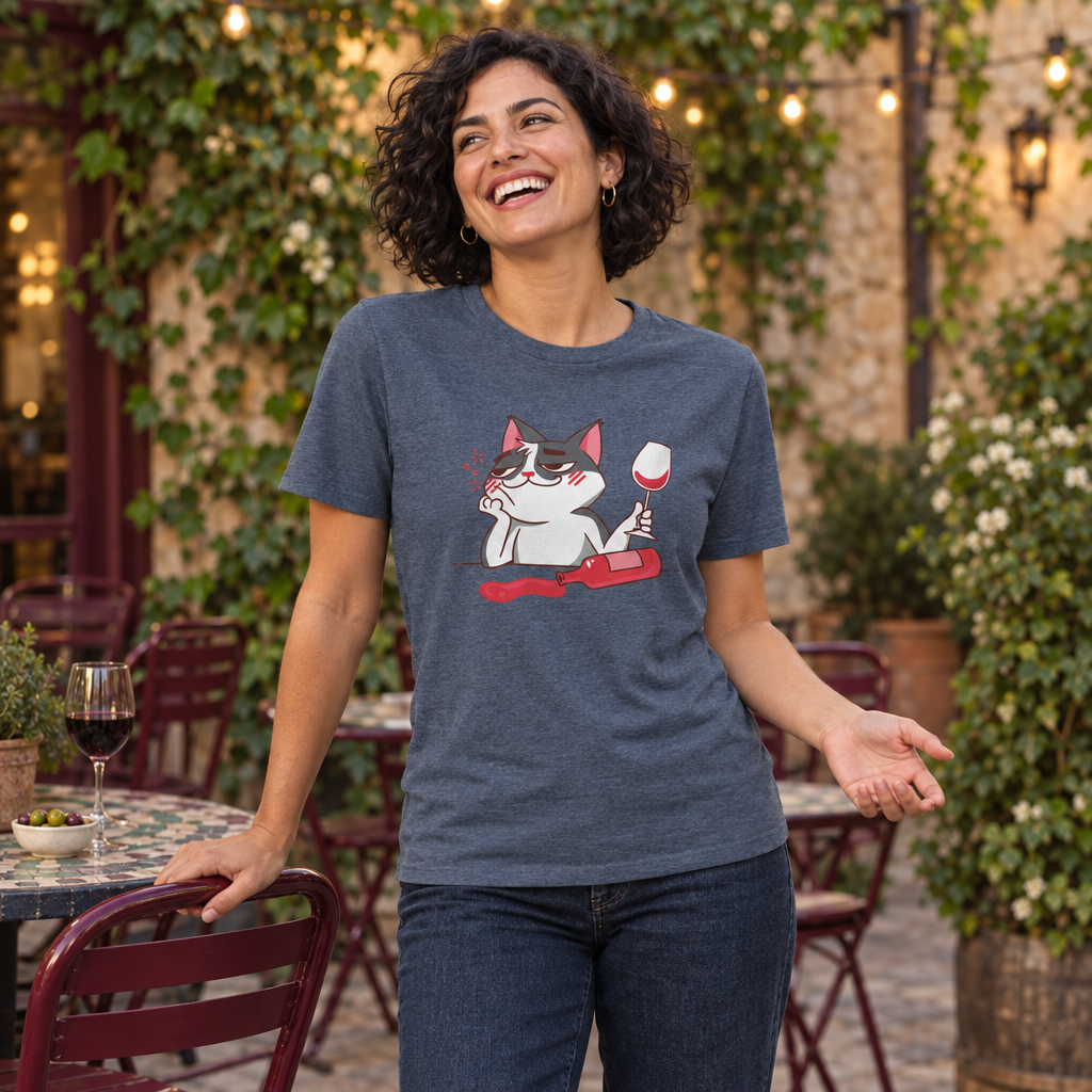 A woman smiling at an outdoor patio wearing a heathered slate blue t-shirt with a cartoon graphic of a cat sitting on a red sofa holding a wine glass. The background features stone walls, green ivy, and string lights.
