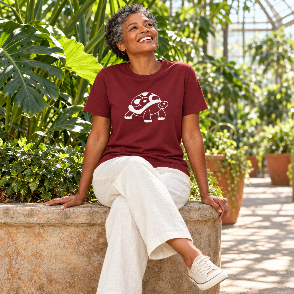 A woman sitting on a stone planter in a sunlit greenhouse, wearing a burgundy short-sleeve T-shirt with a white cartoon turtle graphic on the chest, paired with white pants and white sneakers.