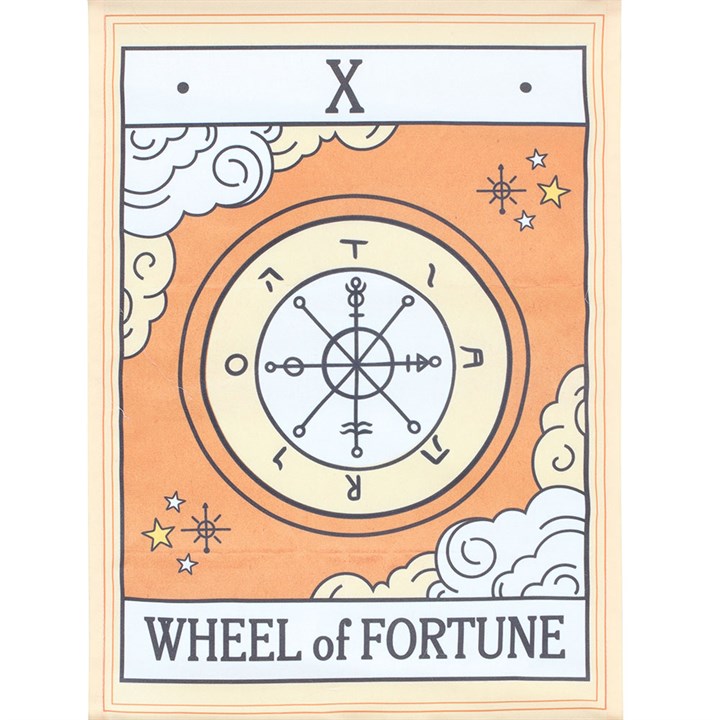 Wall decor featuring the 'Wheel of Fortune' with a circular design and celestial elements.