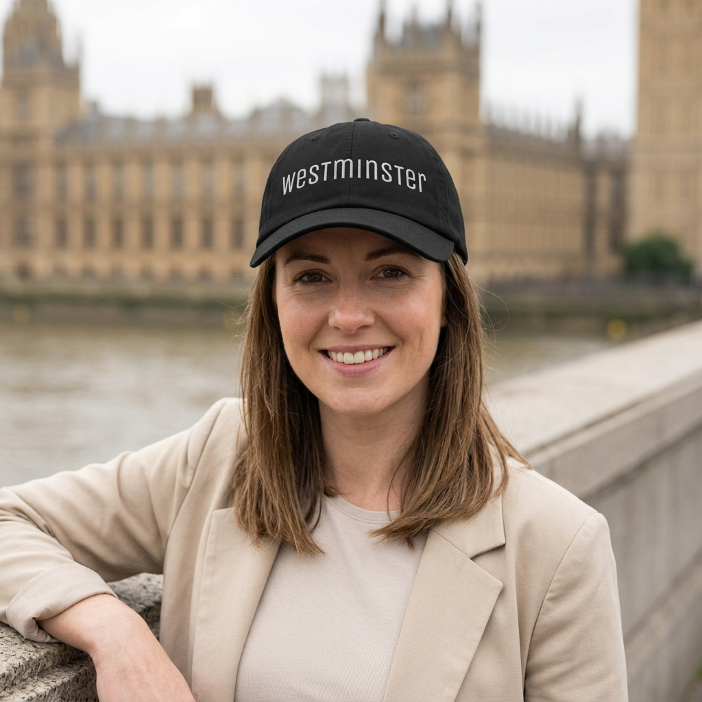 A smiling woman wearing a black baseball cap with 'WESTMINSTER' embroidered in white, standing outdoors with the Palace of Westminster and River Thames blurred in the background.