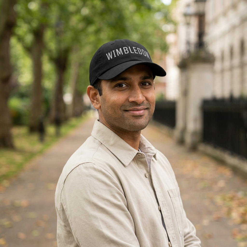 A man wearing a beige button-up shirt and a black cap with 'WIMBLEDON' text in white, standing on a tree-lined path with a blurred background.