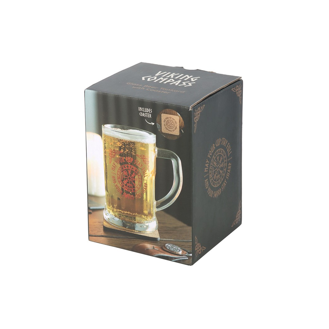 Viking Compass Glass Beer Tankard with Coaster – Viking Beer Mug Gift