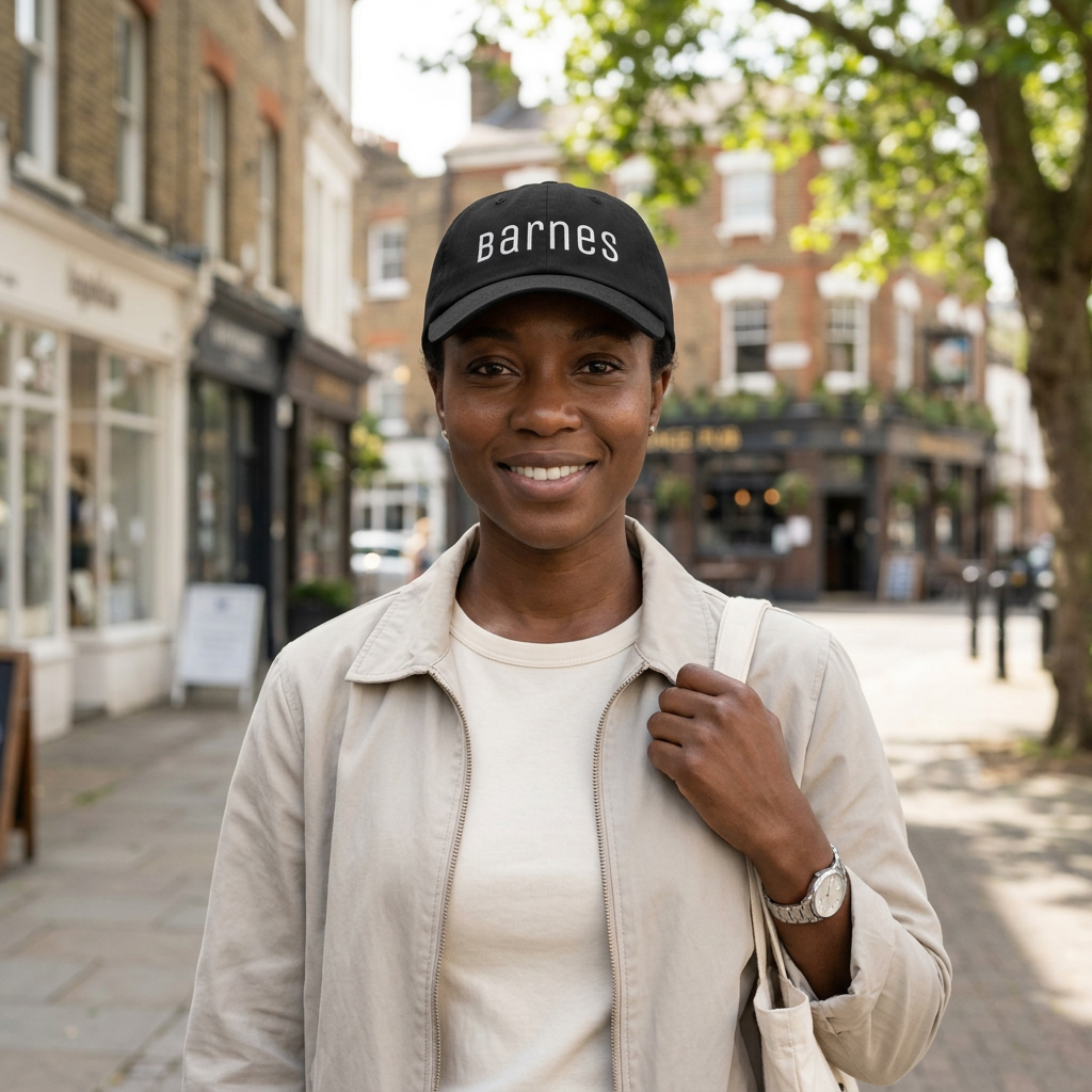 A smiling woman standing on a street wearing a black Barnes cap, a light beige jacket over a cream top, and carrying a shoulder bag. The background shows a blurred London street scene with brick buildings and trees.