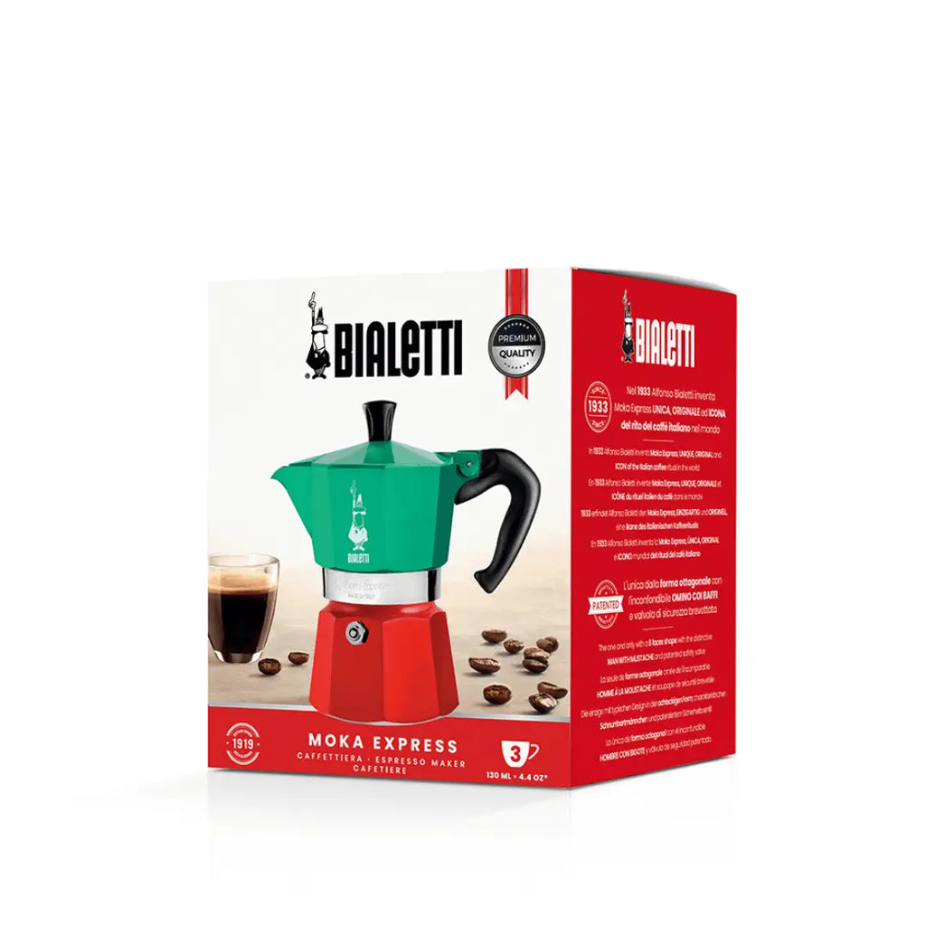 Bialetti Moka Express coffee maker packaging on a white background