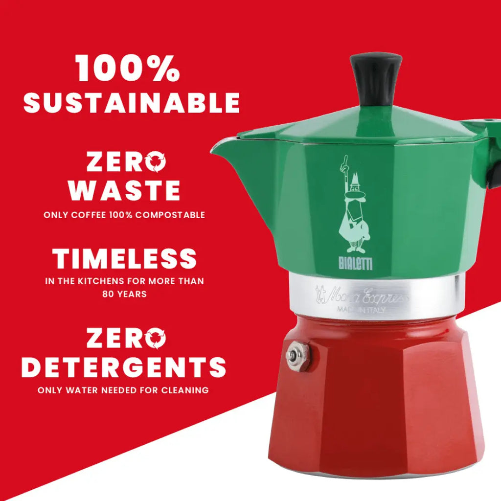 Red and green Moka pot with sustainability features on a red background