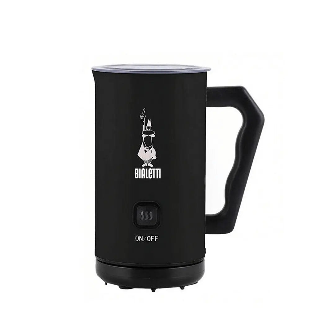 Black electric milk frother with Bialetti logo on a white background