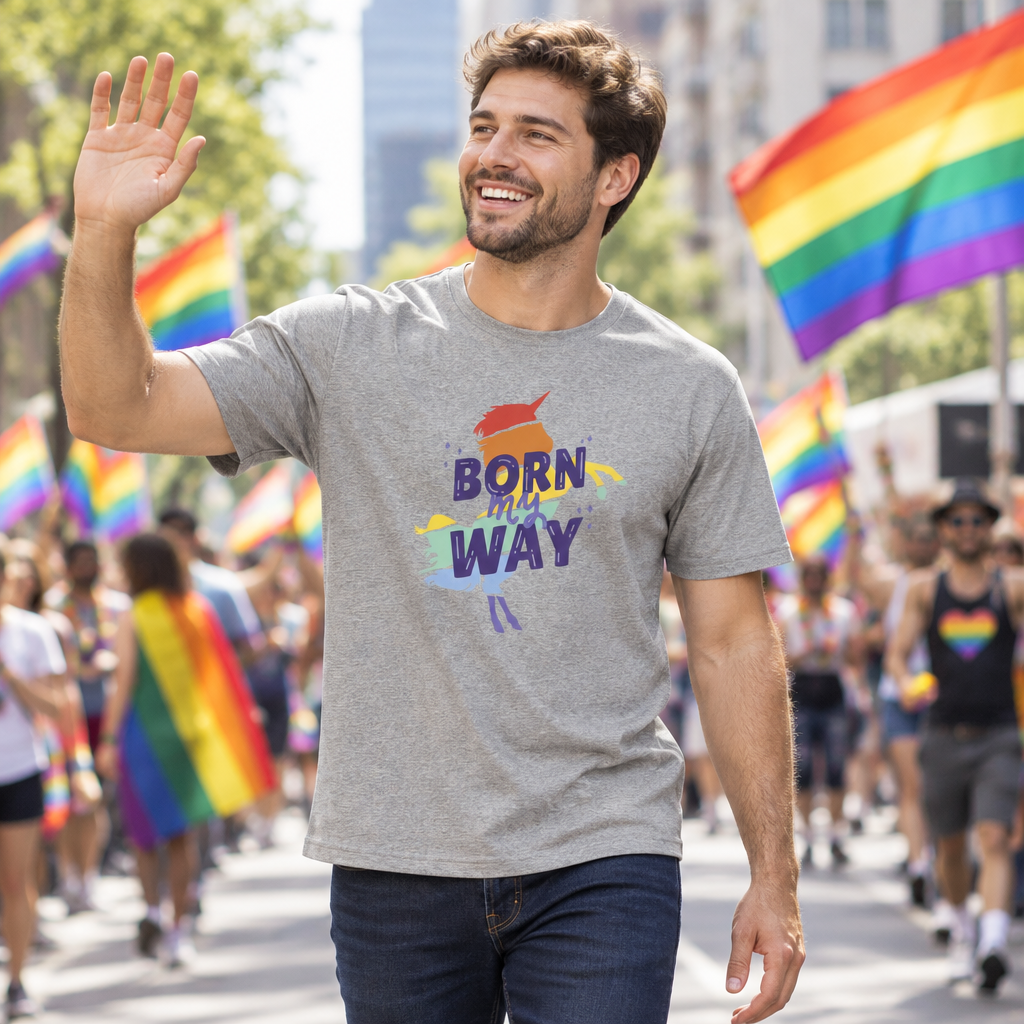 Model wearing the grey Born My Way T-shirt during pride parade