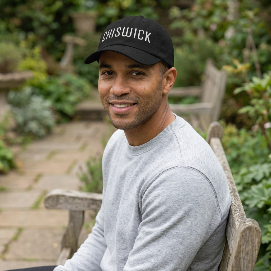 A smiling man sitting on a wooden bench in a garden, wearing a black baseball cap with 'CHISWICK' in white text and a light gray long-sleeve shirt.