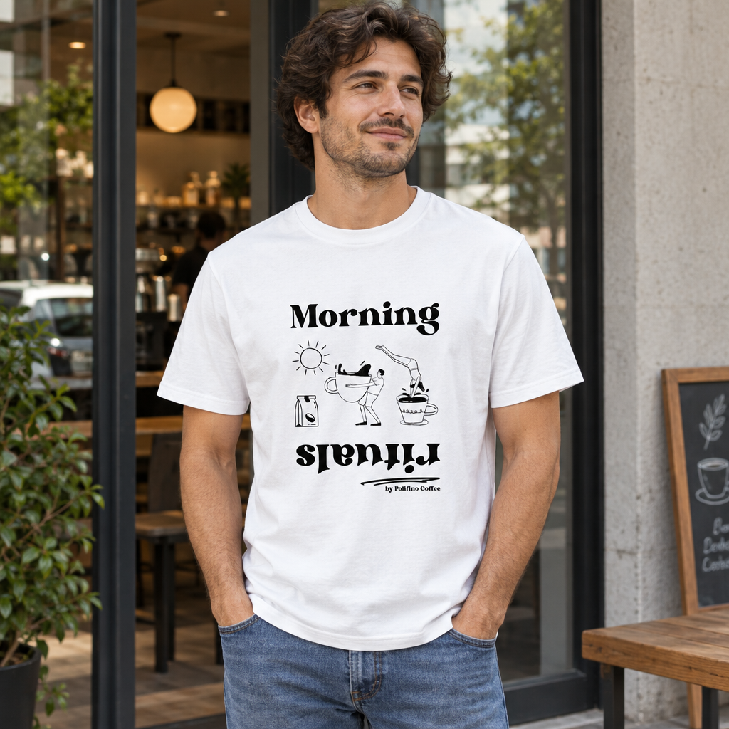 Model wearing the white POLIFINO Speciality Coffee T-shirt