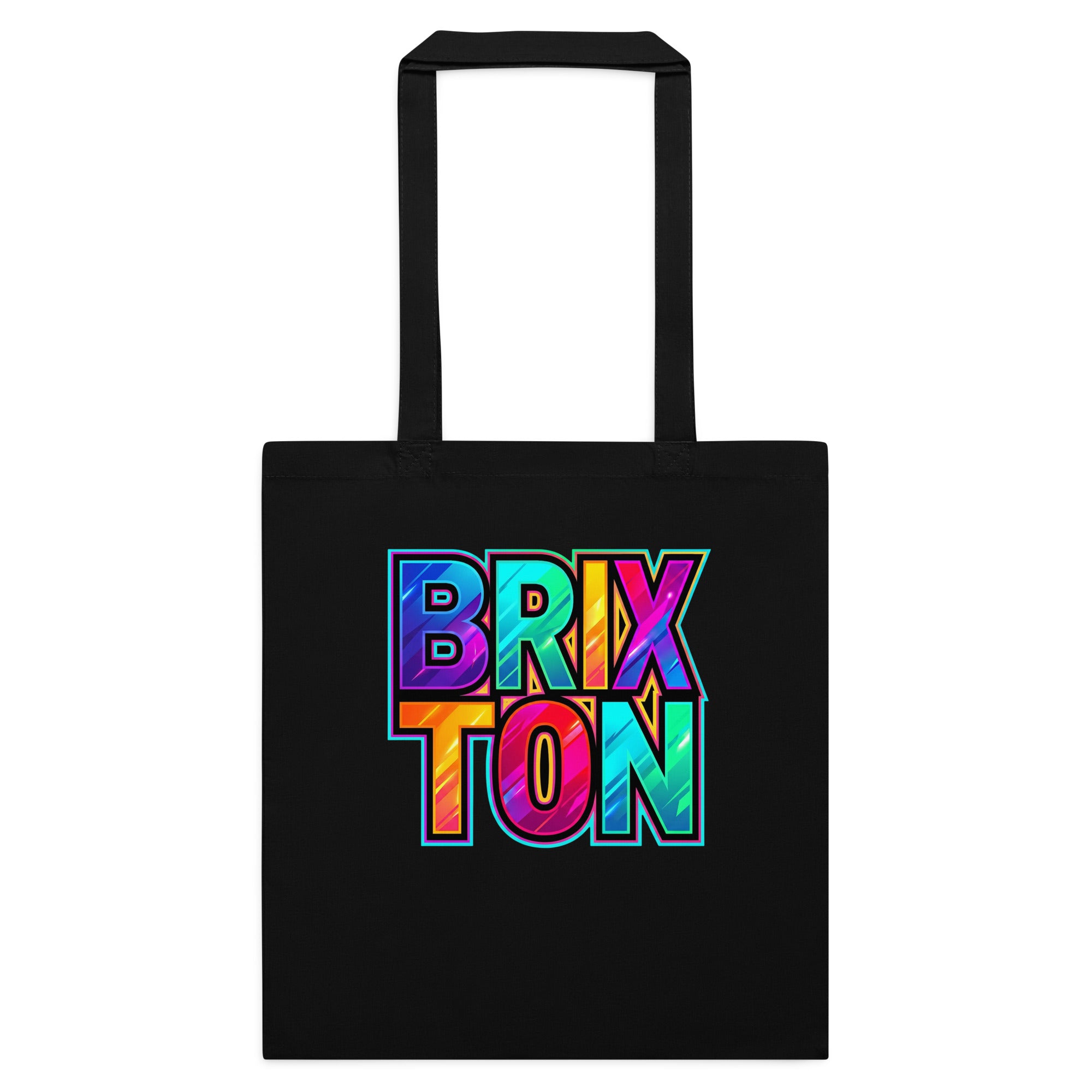 Black tote bag with 'Brixton' in colorful letters on a white background
