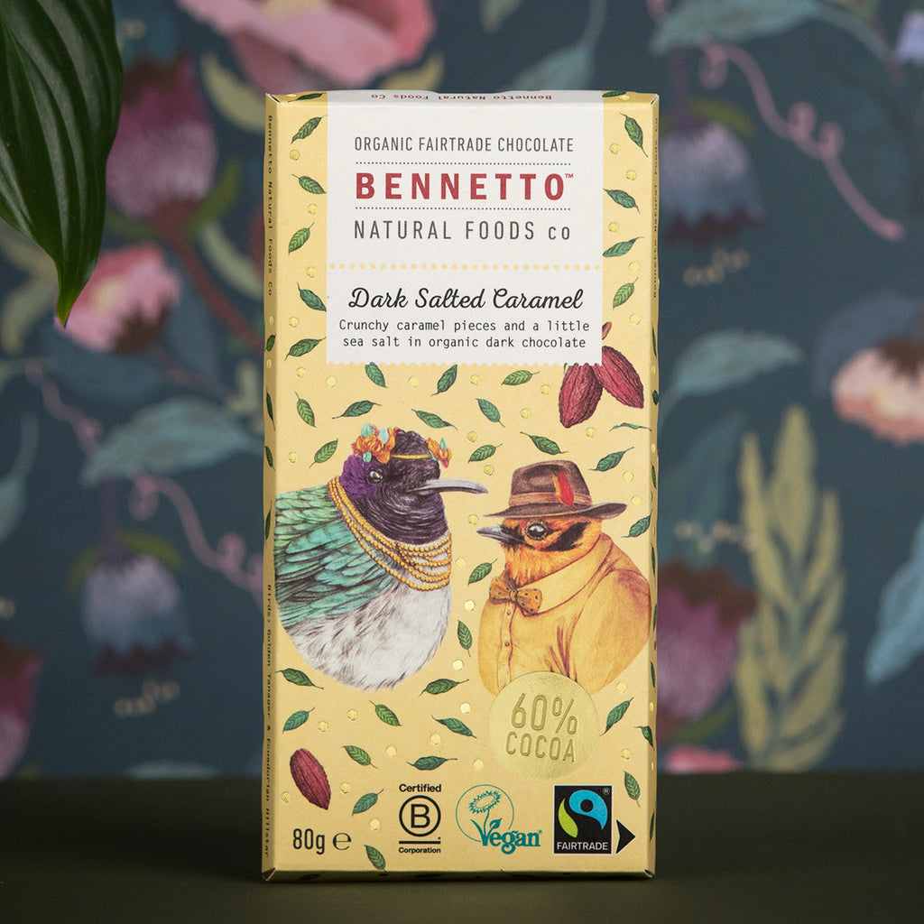 Chocolate bar packaging with birds illustration on a floral background