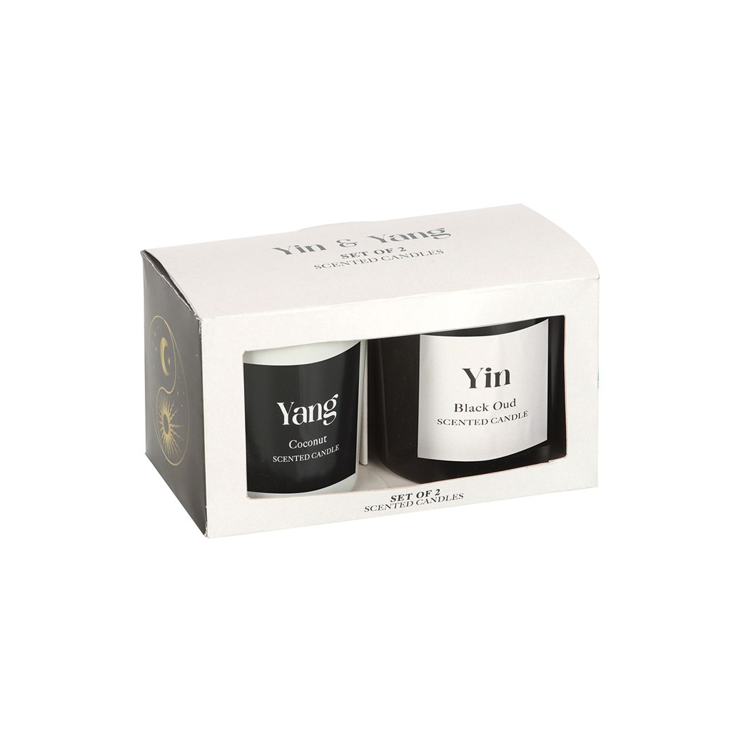 Set of two scented candles in packaging labeled 'Yin' and 'Yang' on a white background.