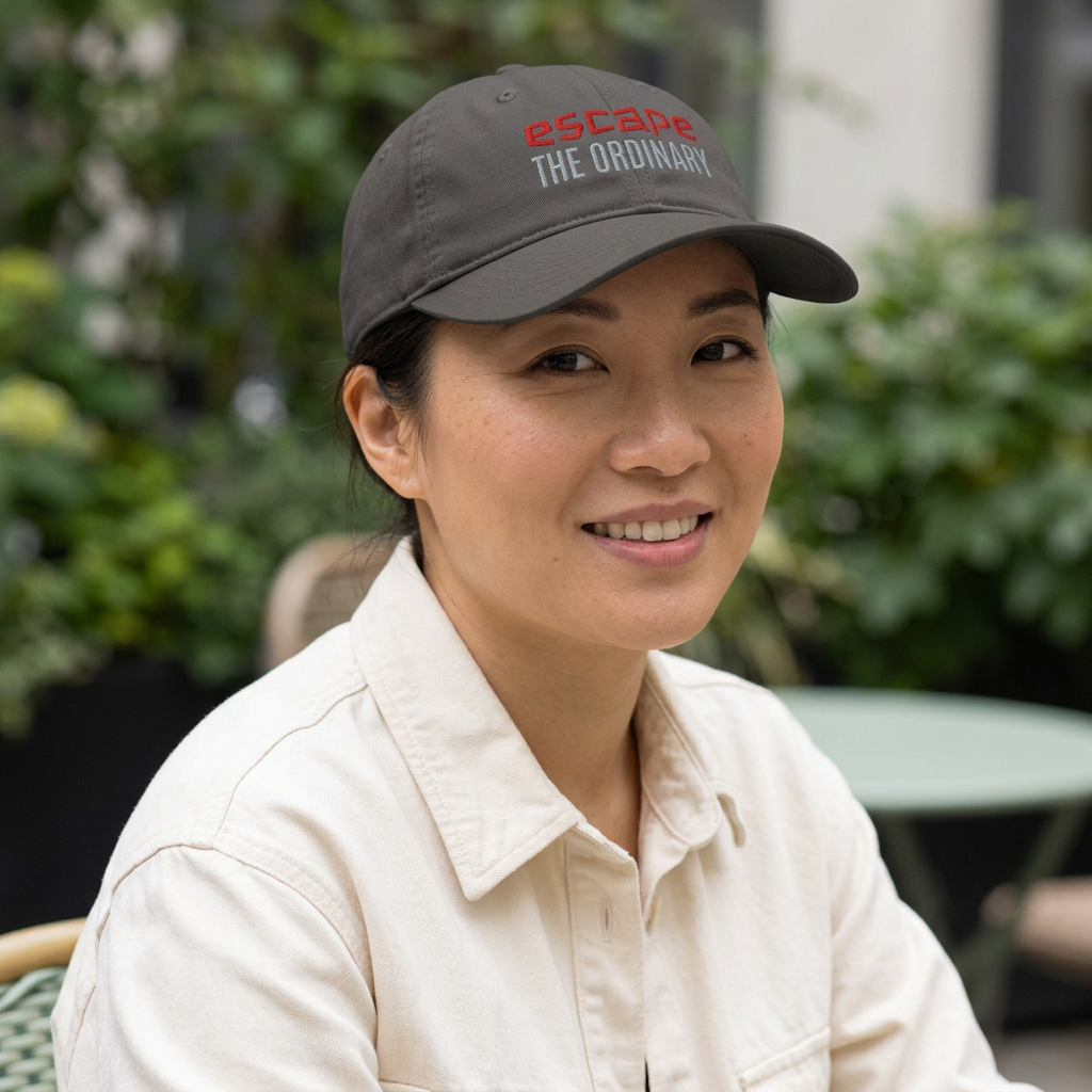 A smiling woman wearing a dark gray baseball cap with the red and white embroidered text 'escape THE ORDINARY' and a cream-colored collared shirt, seated outdoors with green foliage in the background.