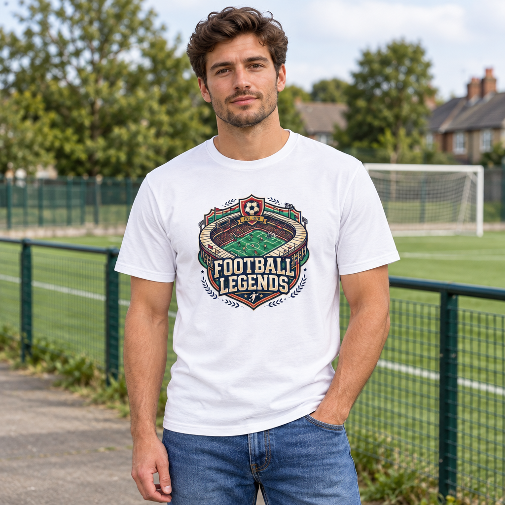 A man wearing a white graphic t-shirt with a 'Football Legends' crest design, standing outdoors on a path with a soccer field and trees in the background.