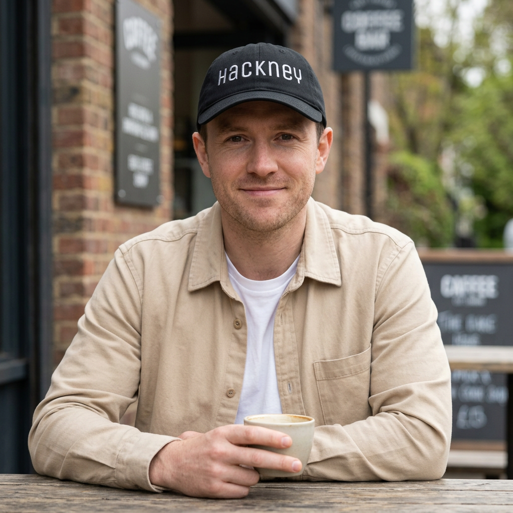 A man sitting at an outdoor cafe table wearing a beige button-up shirt over a white t-shirt and a black cap with the word 'Hackney' in white text, holding a small cup of coffee.