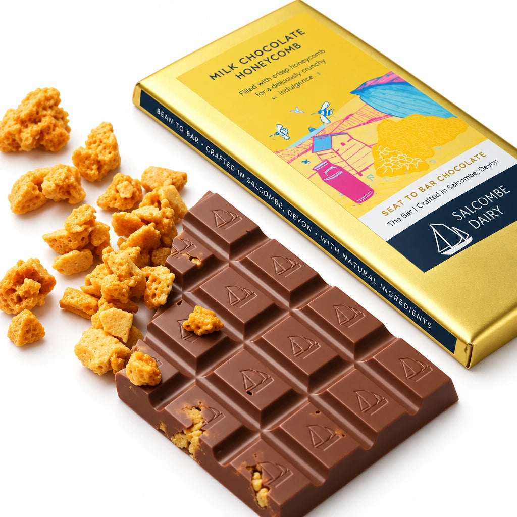 Chocolate bar with honeycomb pieces and a branded chocolate box in the background.