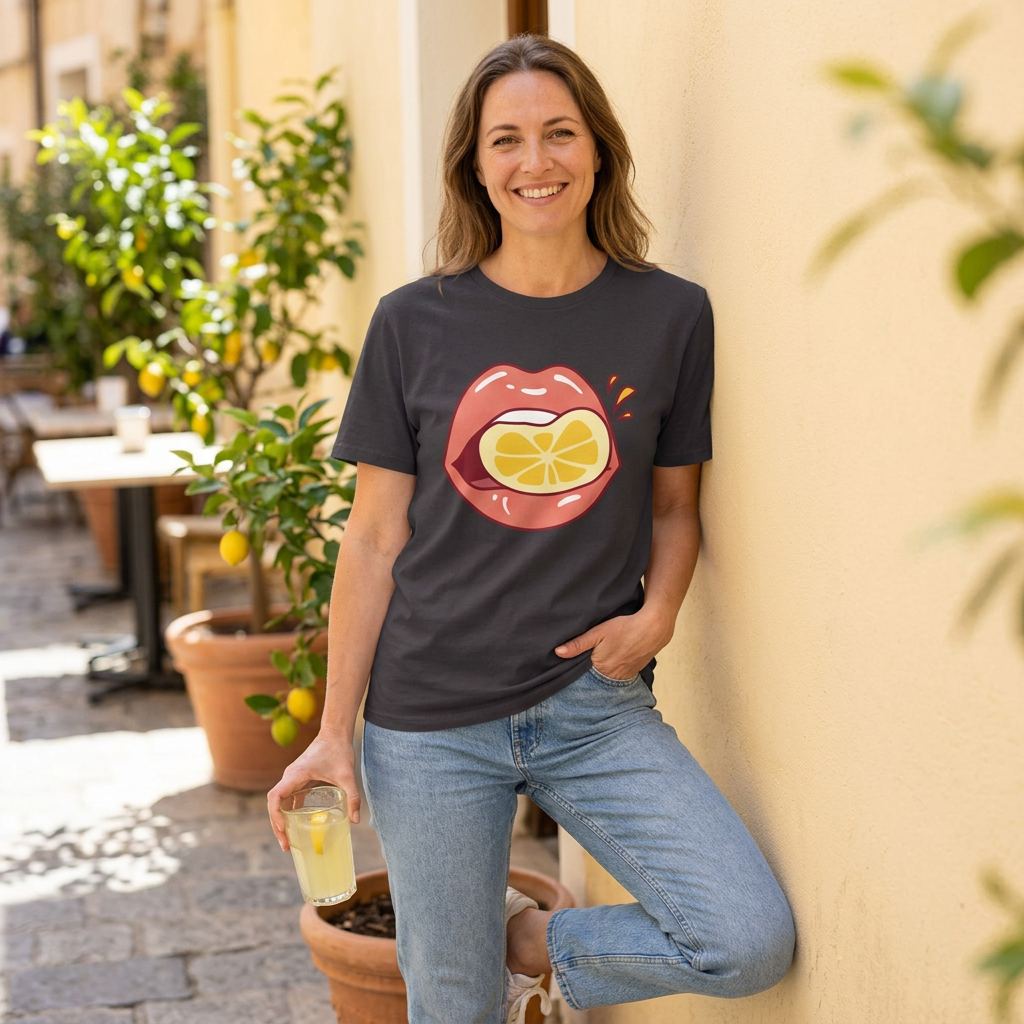 A woman wearing a dark gray t-shirt with a graphic of red lips containing a yellow lemon slice, standing outdoors against a beige wall and holding a glass of lemonade.