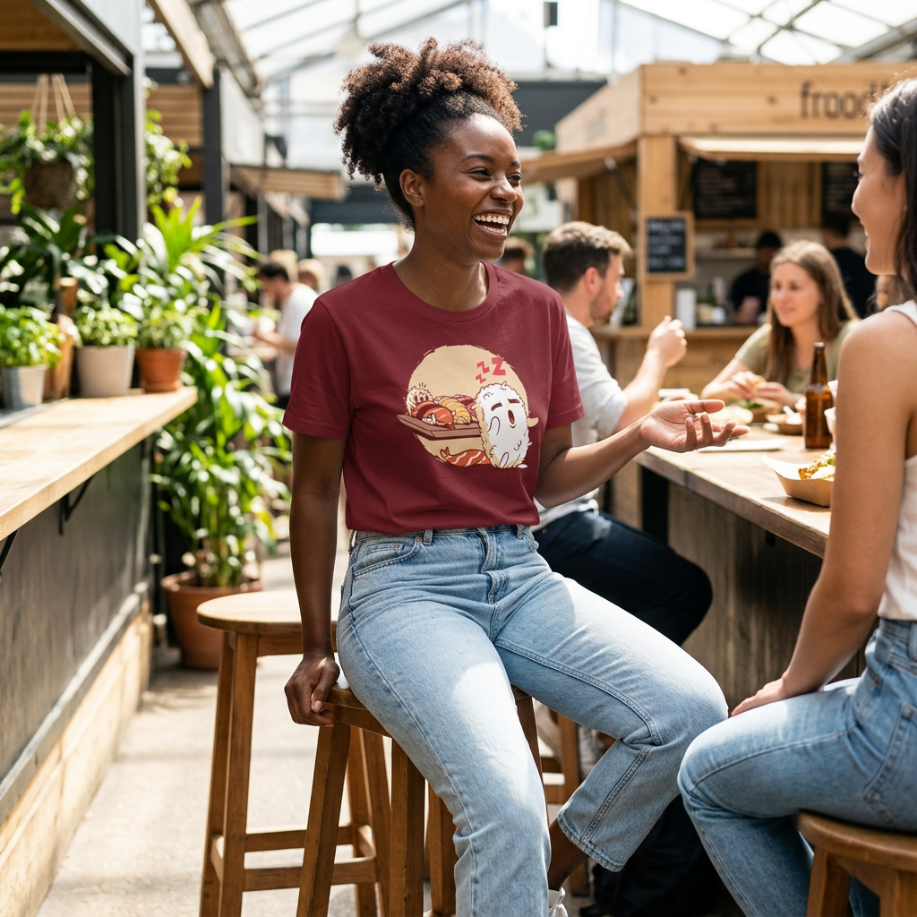 A woman sitting on a wooden stool in a cafe setting, wearing a maroon graphic t-shirt with a cartoon character and light-wash blue jeans.