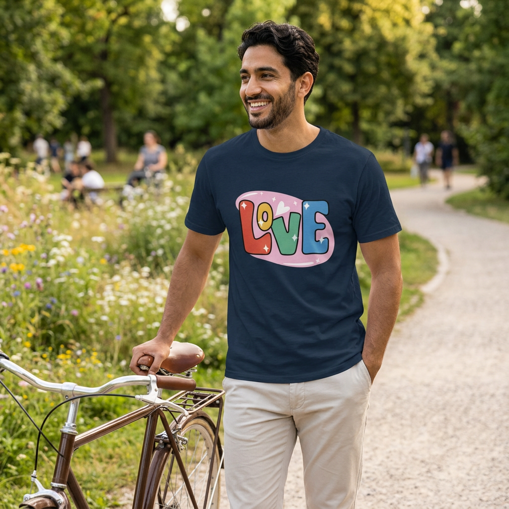 A man wearing a navy blue t-shirt with a colourful 'LOVE' graphic stands on a park path next to a bicycle.