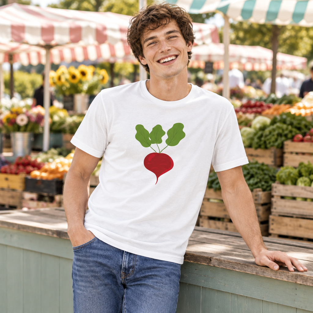 A smiling young man wearing a white graphic t-shirt with a red radish and green leaves print, standing at an outdoor farmers market.