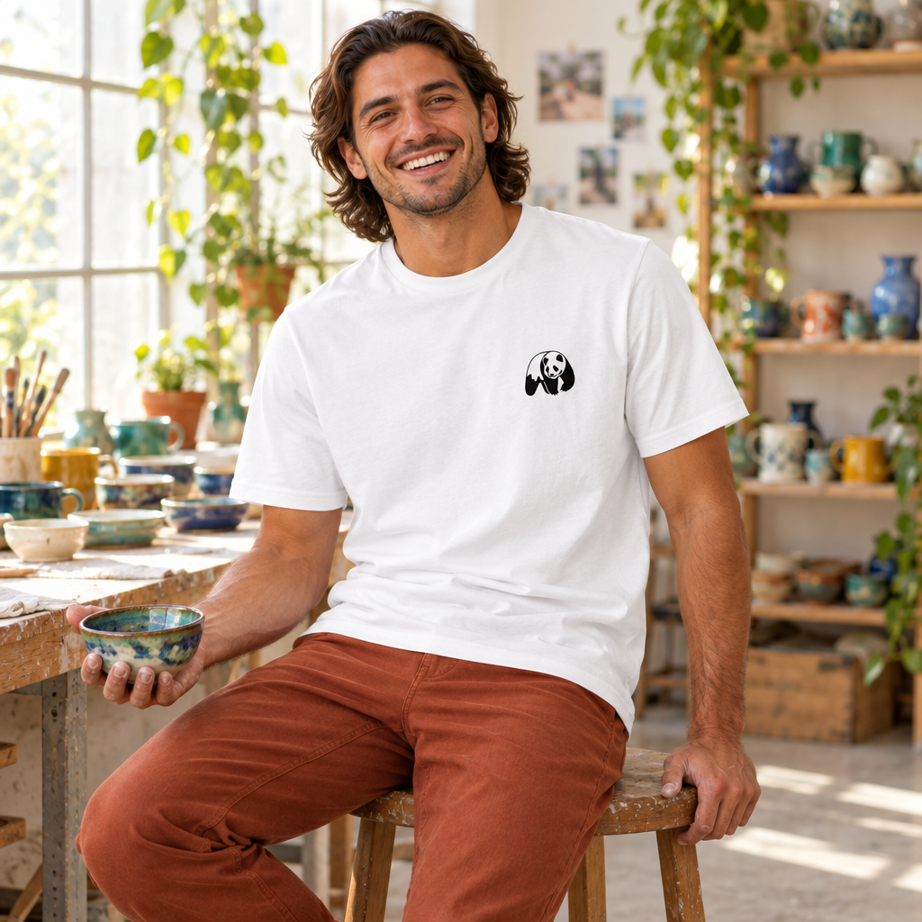 A smiling man wearing a white crewneck t-shirt with a small black panda graphic on the left chest, sitting on a wooden stool in a pottery studio.