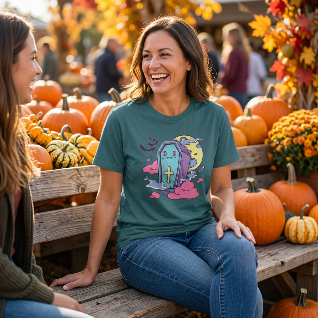 A woman sitting on a wooden bench at an autumn market wearing a teal graphic t-shirt with a cartoon coffin design, surrounded by pumpkins and fall foliage.