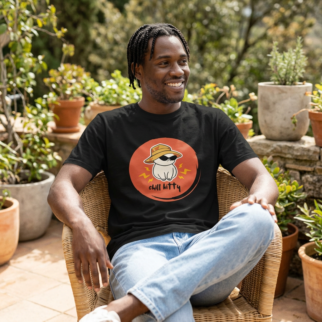 A man sitting in a wicker chair outdoors wearing a black t-shirt with a circular graphic of a white cat in a straw hat and sunglasses with the text 'CHILL KITTY'.