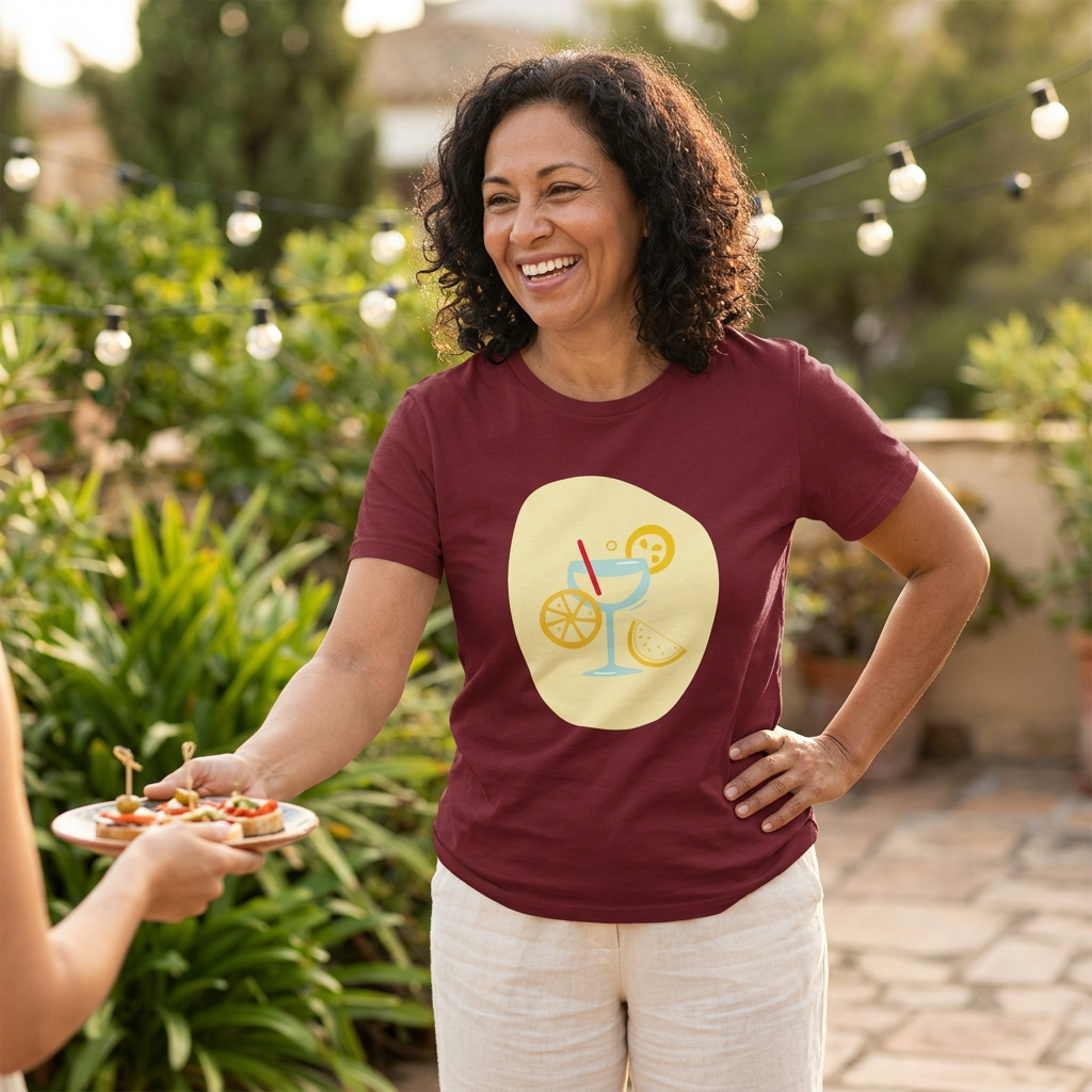 A woman wearing a maroon t-shirt with a yellow cocktail graphic, standing in a garden setting and smiling while holding a plate of appetizers.