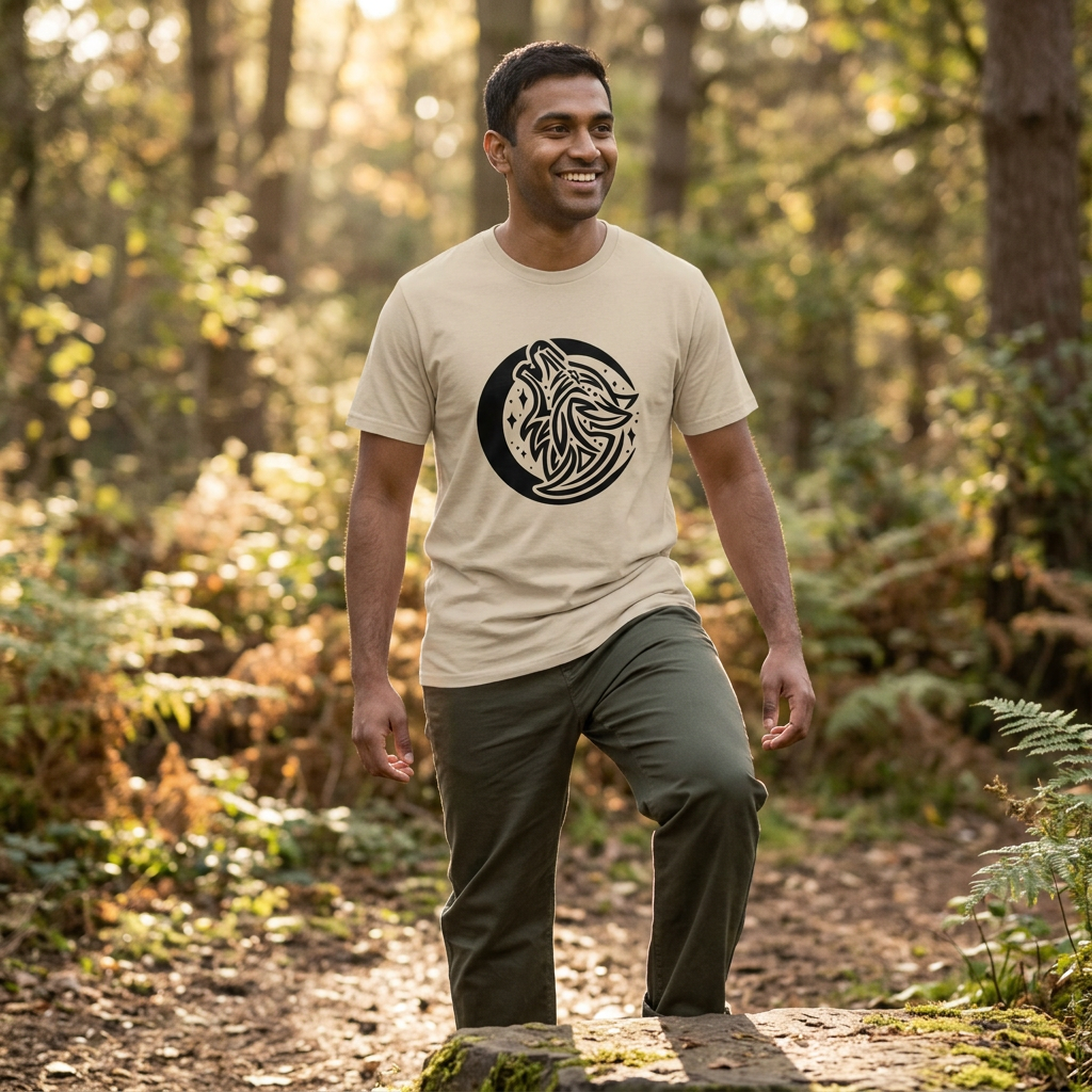 A man wearing a beige crew neck t-shirt with a black circular wolf graphic and olive green pants, standing on a forest path.