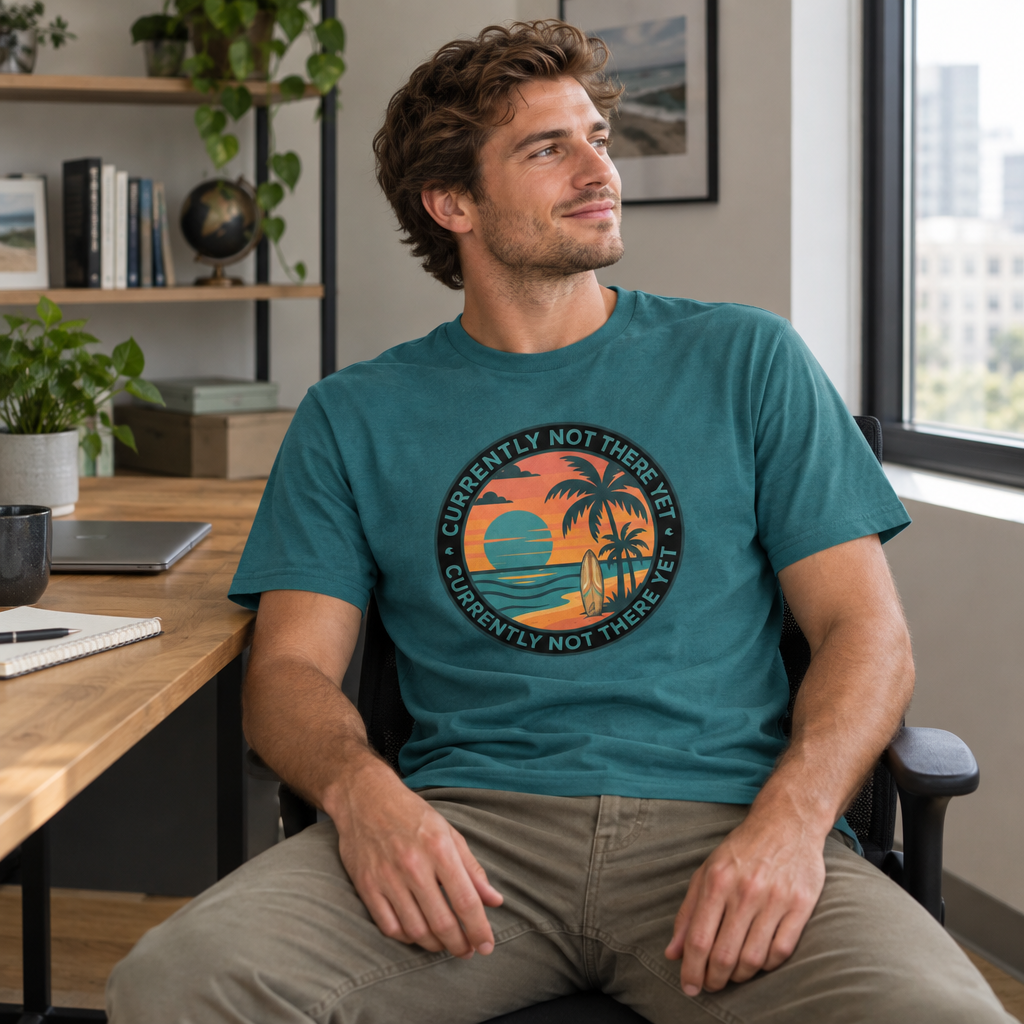 Model wearing funny Holiday T-shirt while sitting in an office