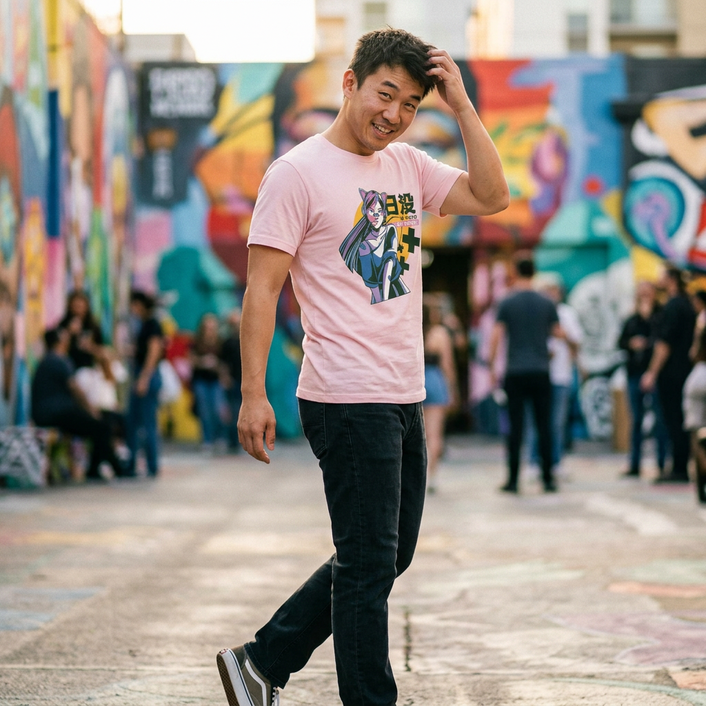 A man walking down a city street wearing a light pink graphic t-shirt with a cartoon character print, black jeans, and black sneakers. The background features a colorful, graffiti-covered wall with blurred pedestrians.