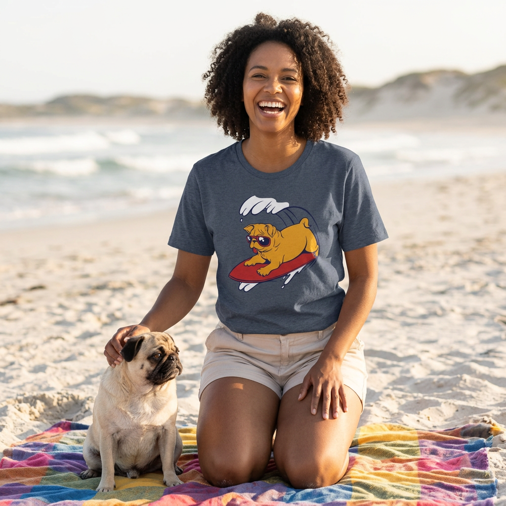 A woman kneeling on a beach towel on a sandy beach, wearing a heather navy blue t-shirt with a cartoon graphic of a pug surfing on a red surfboard. She is smiling and petting a small pug dog sitting next to her.