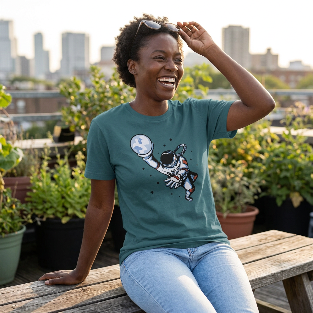 A woman sitting on a wooden bench on a rooftop, wearing a teal t-shirt with a graphic of an astronaut floating in space. The background shows a blurred city skyline and potted plants.