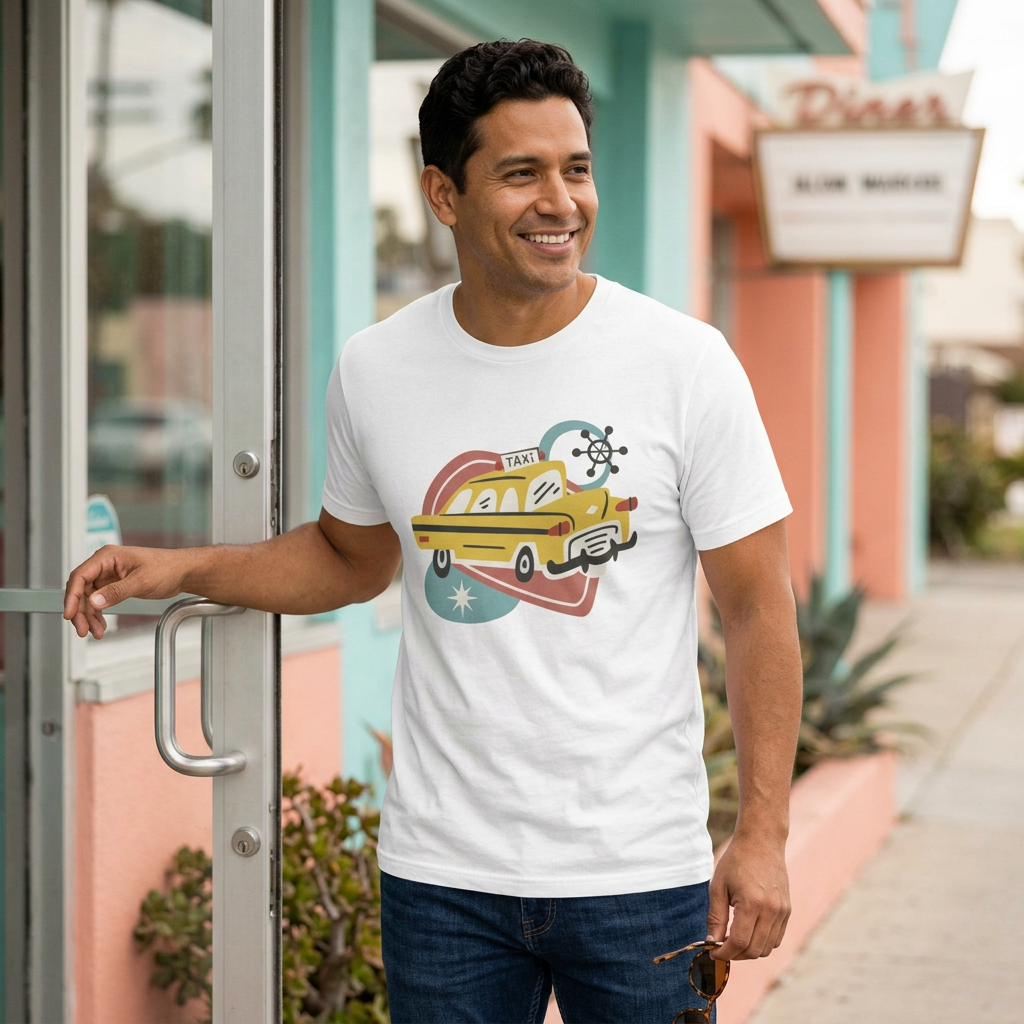 A man wearing a white graphic t-shirt with a retro yellow taxi design, standing in front of a retro-style diner store front.