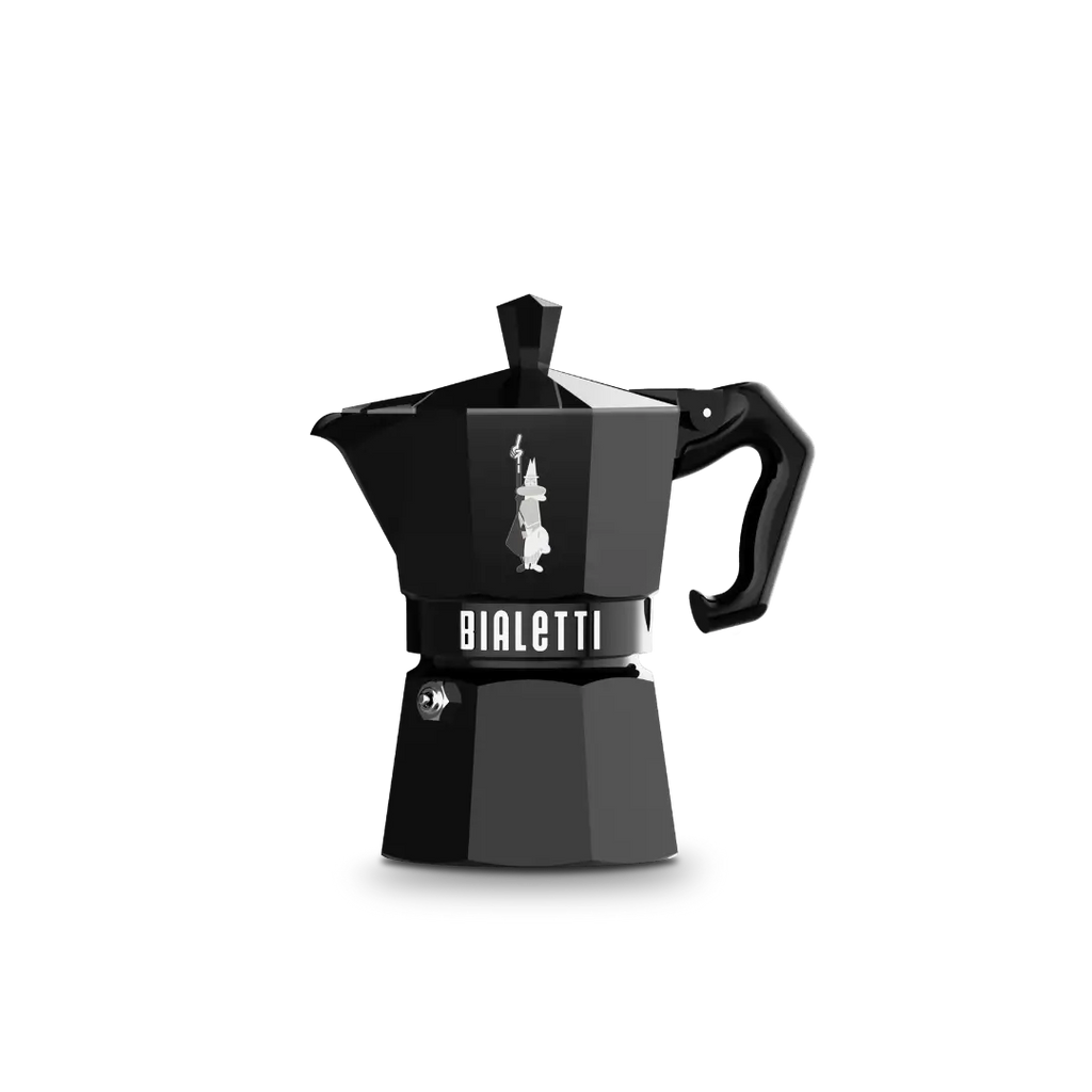 Black Bialetti coffee maker on a white background