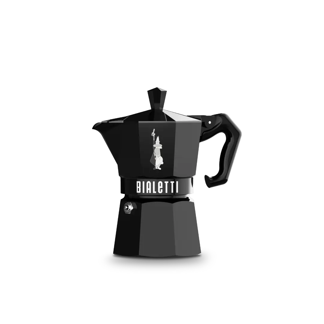 Black Bialetti coffee maker on a white background