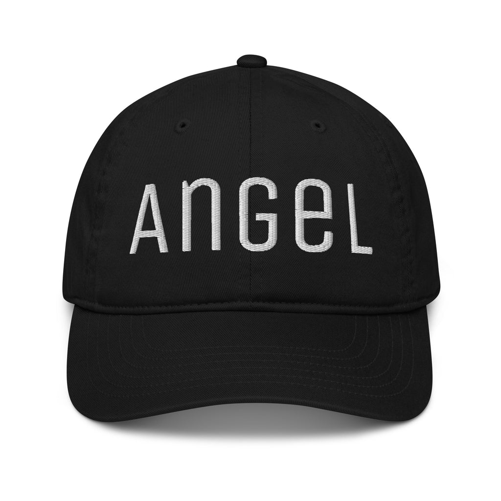 Black cap with 'ANGEL' embroidered on it against a white background
